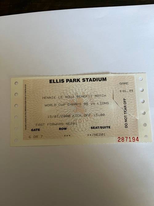 Rugby Ticket - 1995 World Champs vs Lions (Hennie le Roux Benefit 15/07/2000)