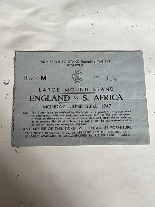 Cricket Ticket - England vs South-Africa 23/06/1947