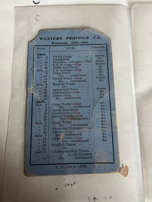 Cricket Ticket and Itinirary Card - 1905/1906 Western Province Ladies Admission card for Eng & other