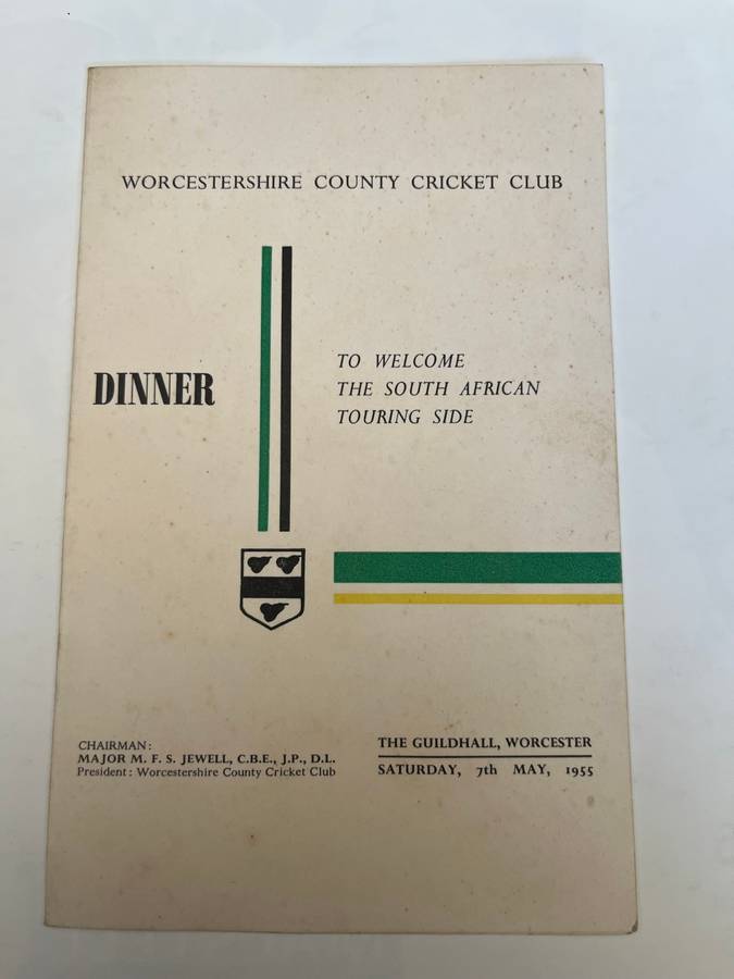 Cricket Menu - 07/05/1955 Welcome of the South-African Touring Side Dinner Menu (Worcestershire)
