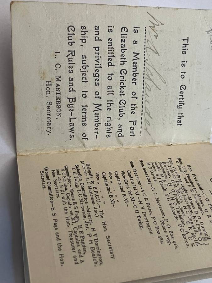 Cricket Itinerary/membership card - 1929/1930 Port-Elizabeth Cricket Club