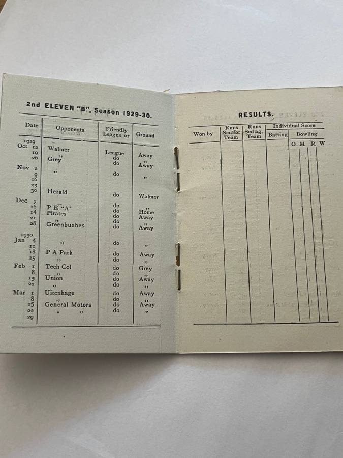Cricket Itinerary/membership card - 1929/1930 Port-Elizabeth Cricket Club