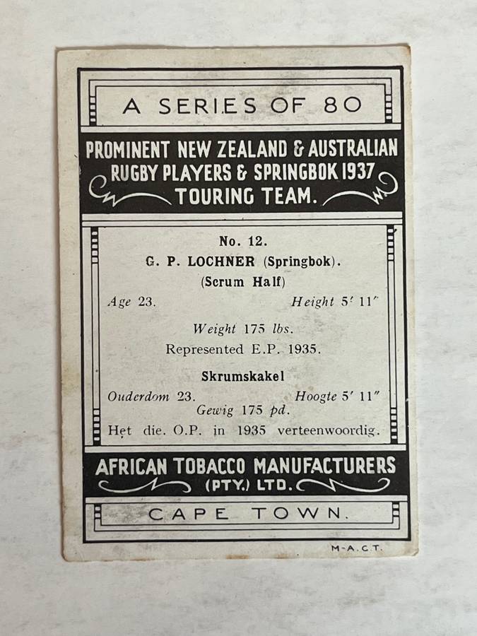 Rugby Card - 1937 African Tobacco Rugby/Cigarette Card (GP Lochner nr12)