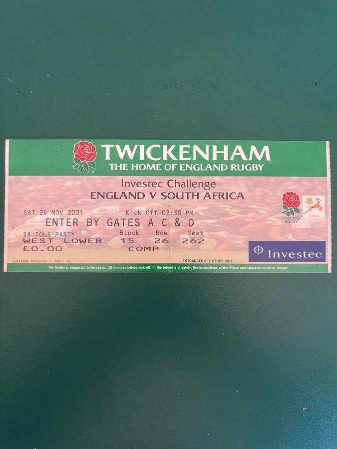 Rugby Ticket - England vs South-Africa Twickenham 24/11/2001