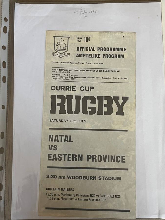 Rugby Programme - Natal vs Eastern-Province 12/07/1975