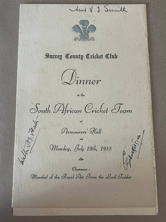 Cricket - *SIGNED* 18/07/1955 Dinner Menu for South-African Cricket Team (Surrey)