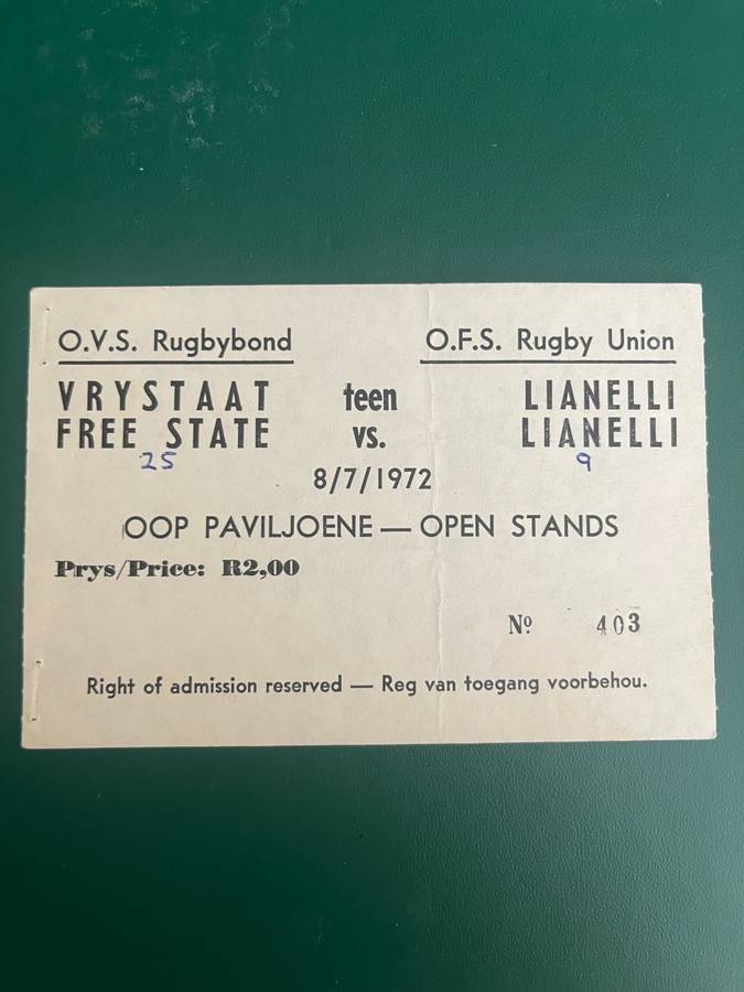 Rugby Ticket - Free State vs Llanelli 08/07/1972