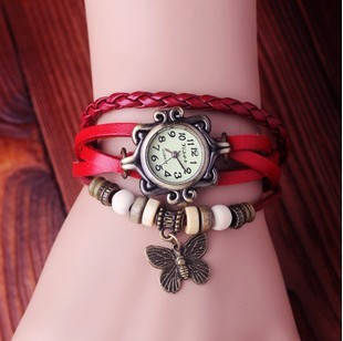 RED HIGH QUALITY WOMEN GENUINE LEATHER VINTAGE BRACELET WATCHES (BUTTERFLY)
