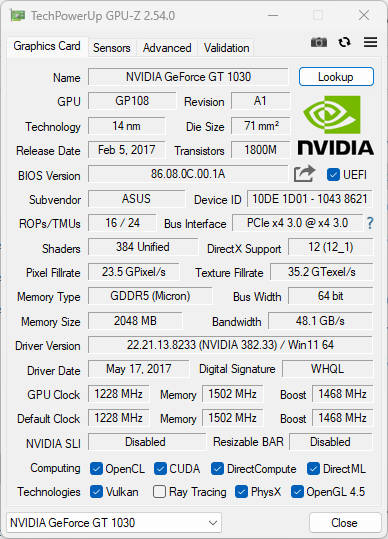ASUS NVIDIA GeForce GT 1030