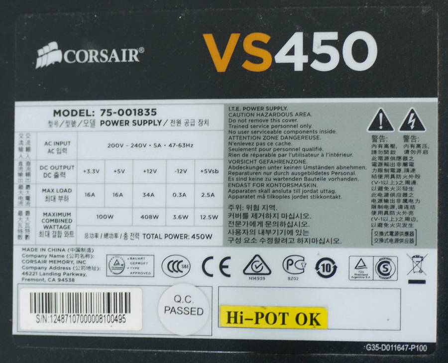 Corsaire VS450 ATX Power Supply