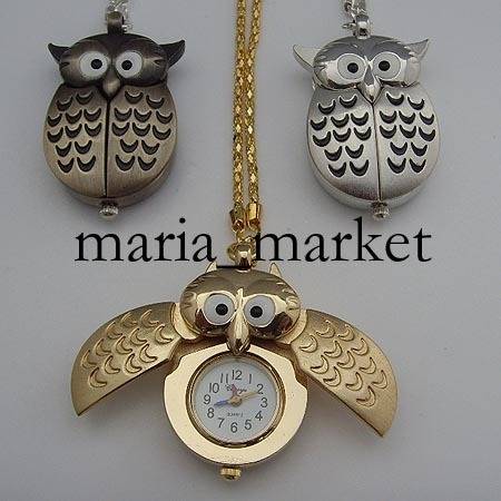 New Silver Owl Necklace Quartz Watch Gift Pendant