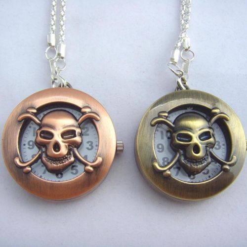 Goth Pirate SKULL Pocket Necklace Watch in bronze