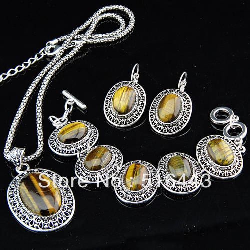 Set of Antique Silver Oval Tiger Stones Earrings Bracelet Necklace Women Replica Vintage Jewelry