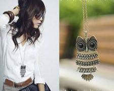 Bronze retro owl long necklace