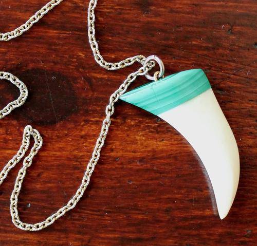 Funky Carved Shark Tooth Made from Bone With Malachite Rim