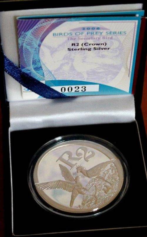 2006 Birds of Prey Secretary Bird Silver R2 Crown in SA Mint Box