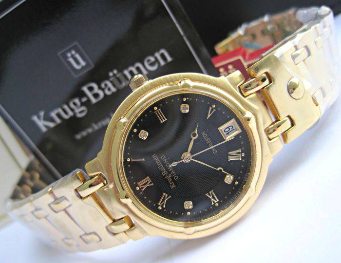 Retail: R10,714.00** Krug-Baumen MEN Charleston 4 Diamond Black Dial Gold Strap Watch