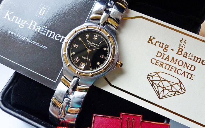 R1 AUCTION - RETAIL: R10,097 Krug Baumen LADIES Regatta 4X Genuine Diamond Black Dial Two Tone Watch