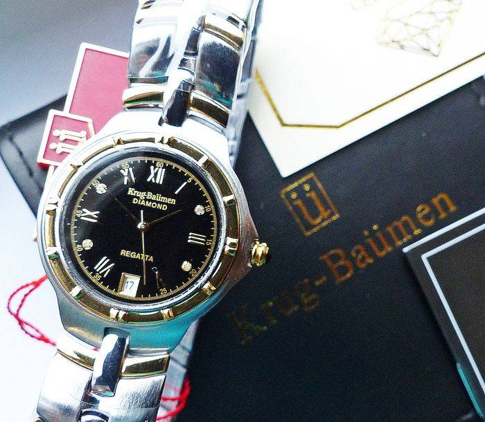 R1 AUCTION - RETAIL: R10,097 Krug Baumen LADIES Regatta 4X Genuine Diamond Black Dial Two Tone Watch