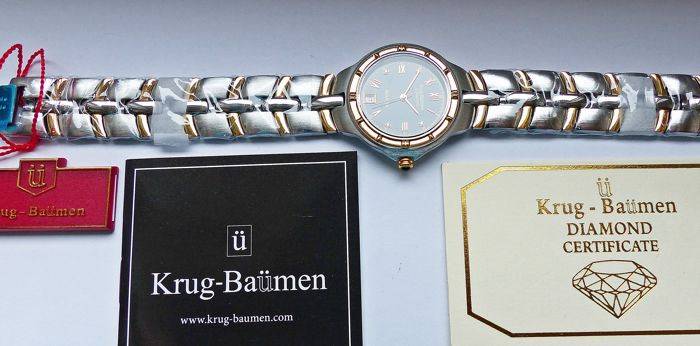 R1 AUCTION - RETAIL: R10,097 Krug Baumen LADIES Regatta 4X Genuine Diamond Black Dial Two Tone Watch