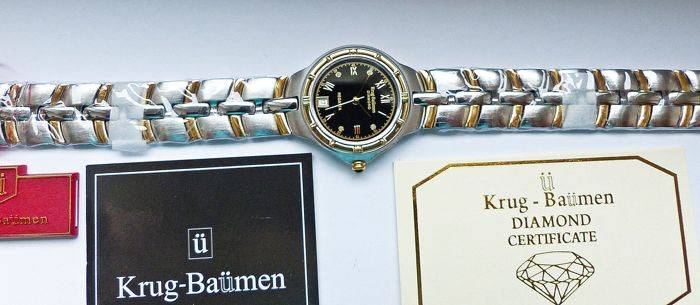 R1 AUCTION - RETAIL: R10,097 Krug Baumen LADIES Regatta 4X Genuine Diamond Black Dial Two Tone Watch