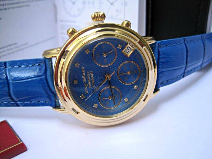 Retail: R13,500.00 Krug Baumen WOMEN Principle CHRONO Gold 8X Genuine Diamond Blue Leather Watch