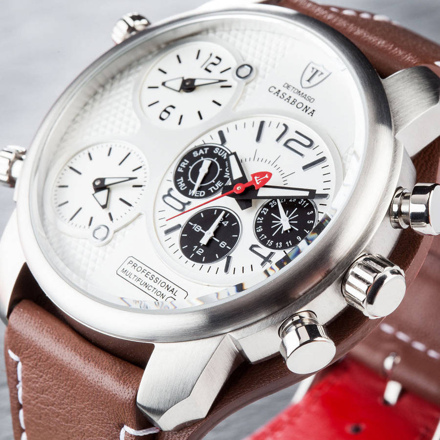 3 Time Zone* DETOMASO Casabona Mens Watch XXL Multifunction Stainless Steel Brown Leather Watch New