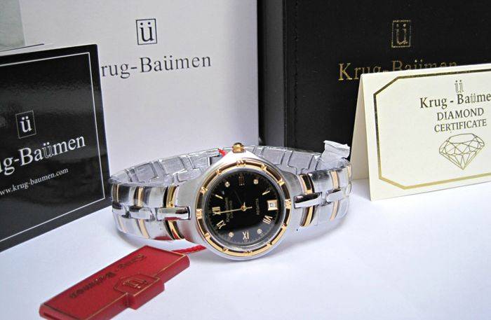 R1 AUCTION Retail - R10,506.28 Krug Baumen MEN Regatta 4X Real Diamonds Black Dial Two Tone Watch