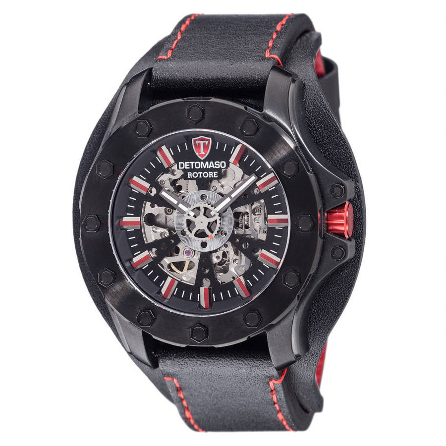 DETOMASO ROTORE Mens Watch Automatic Stainless Steel Black Red Leather Band  Watch