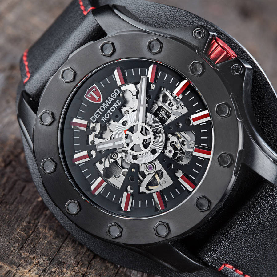DETOMASO ROTORE Mens Watch Automatic Stainless Steel Black Red Leather Band  Watch