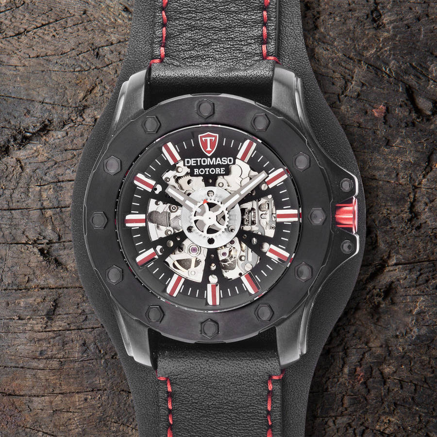 DETOMASO ROTORE Mens Watch Automatic Stainless Steel Black Red Leather Band  Watch
