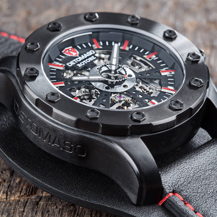 DETOMASO ROTORE Mens Watch Automatic Stainless Steel Black Red Leather Band  Watch