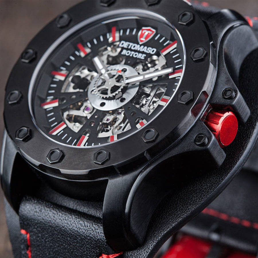 DETOMASO ROTORE Mens Watch Automatic Stainless Steel Black Red Leather Band  Watch