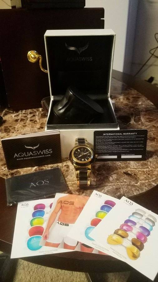 **Brand New** Aquaswiss Men C91G Black Ceramic Gold Steel Analog Date Watch Retail:$1400