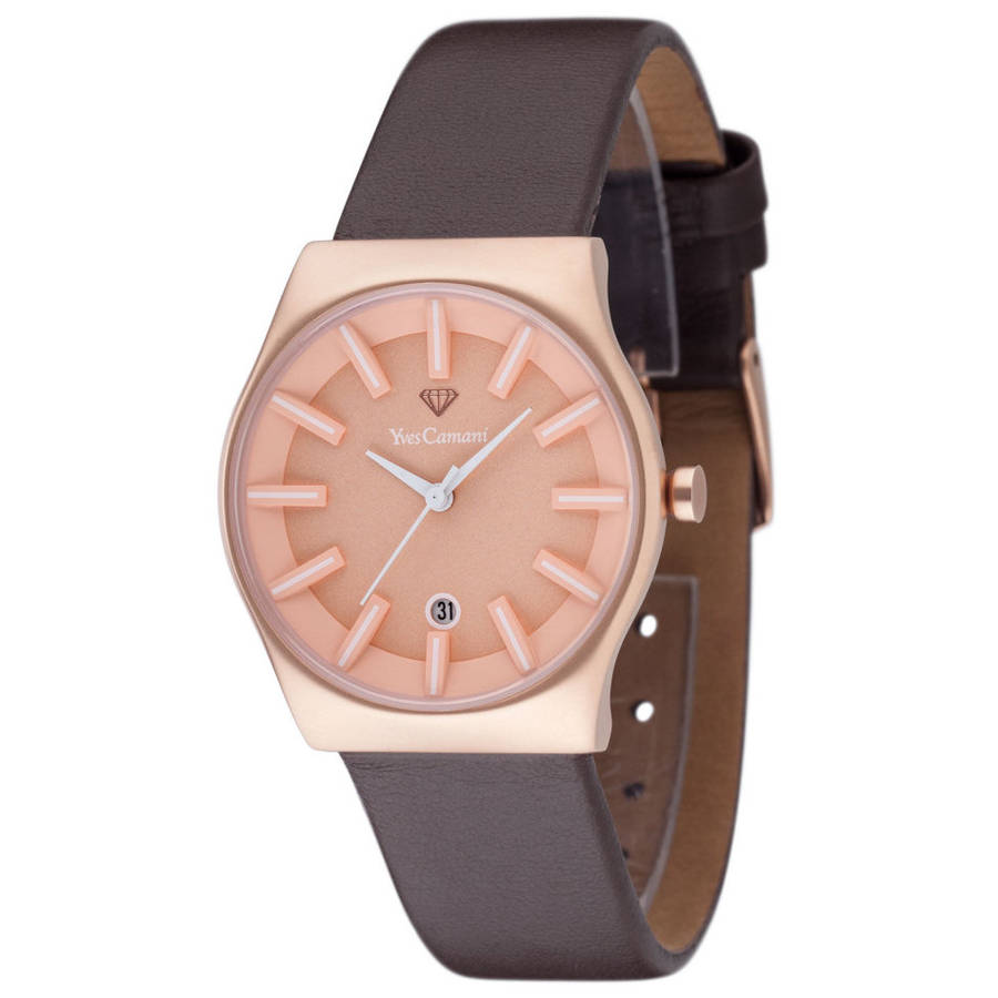 YVES CAMANI Louanne Womens Watch Stainless Steel Rosegold Brown Leather Watch