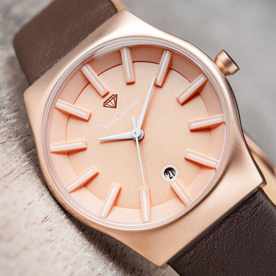 YVES CAMANI Louanne Womens Watch Stainless Steel Rosegold Brown Leather Watch