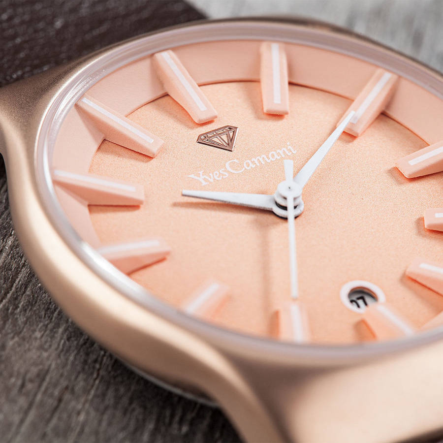 YVES CAMANI Louanne Womens Watch Stainless Steel Rosegold Brown Leather Watch