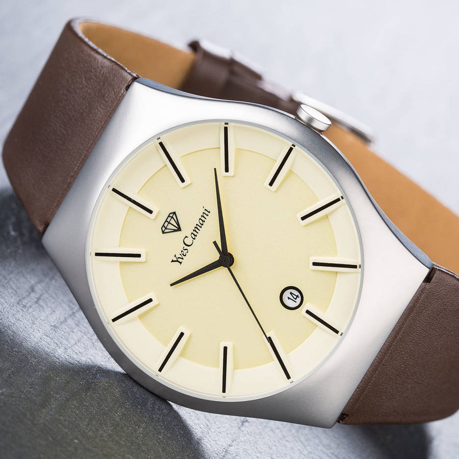 YVES CAMANI Louanne Ladies Watch Stainless Steel Brown Leather Date Display watch