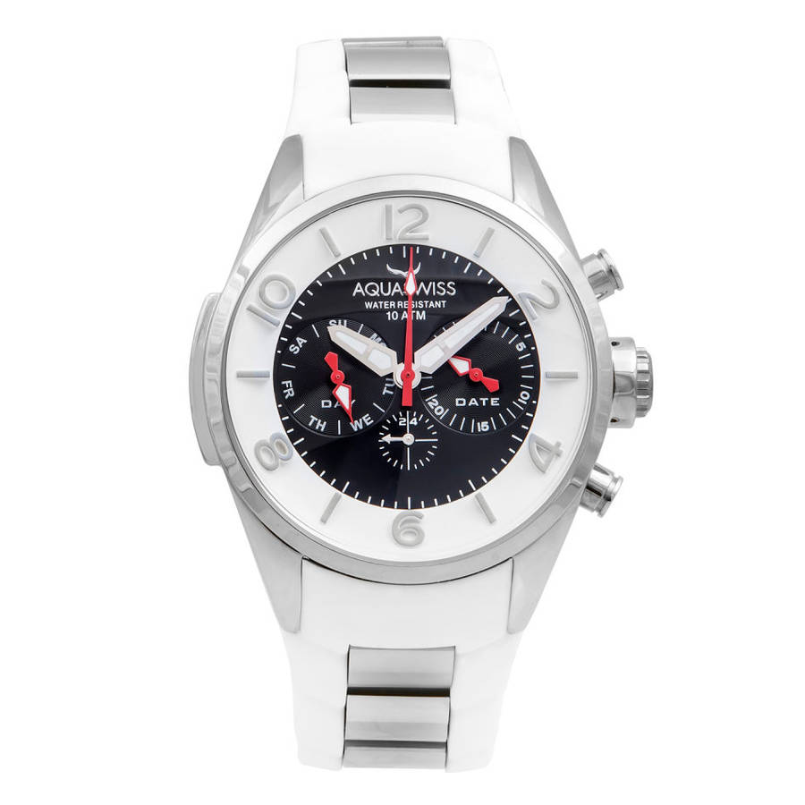 R1 AUCTION Retail: $1000 /R12,000.00 Aquaswiss UNISEX TRAX 5H Watch Silver and Black Silicone Band