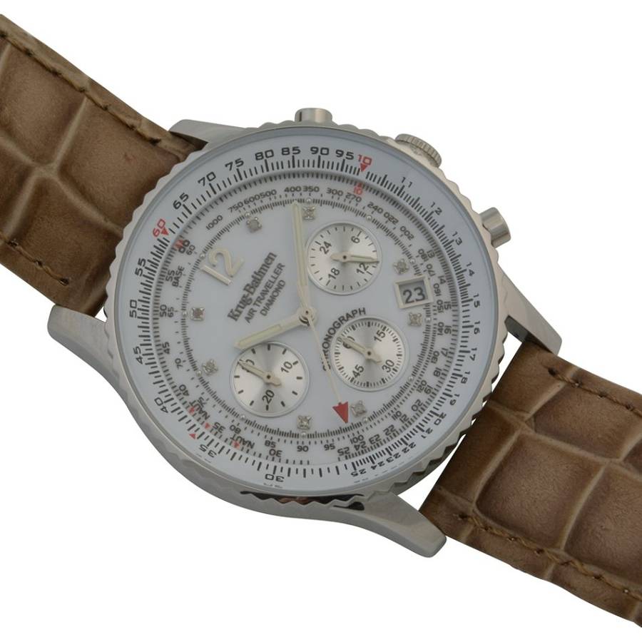 R1 Auction Retail R13,856.74 Krug Baümen Air Traveller  8 Real Diamond Steel  Dial Brown Strap Watch