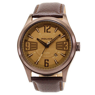 R1 Auction POLICE MEN'S 45MM BROWN LEATHER BAND IP STEEL CASE QUARTZ WATCH