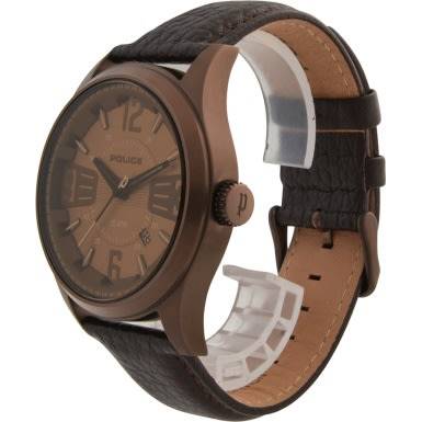 R1 Auction POLICE MEN'S 45MM BROWN LEATHER BAND IP STEEL CASE QUARTZ WATCH