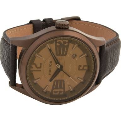 R1 Auction POLICE MEN'S 45MM BROWN LEATHER BAND IP STEEL CASE QUARTZ WATCH