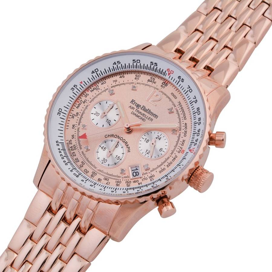 Retail: R14,655.63 Krug Baümen Air Traveller  8 Genuine Diamond Champagne Dial Rose Gold Strap Watch