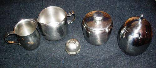 4 X OLD METAL MILK JUGS + SUGER POTS + TEA LEAVE STRAINER FOR TEA