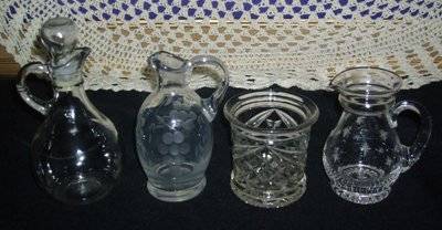 LOVELY COLLECTION OF 3 X GLASS   JUGS + ONE SUGER POT