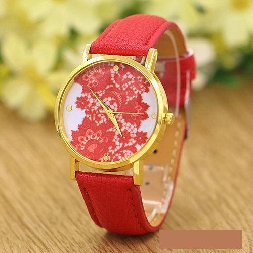 Ladies Beautiful Lace Pattern Leather Band Watch