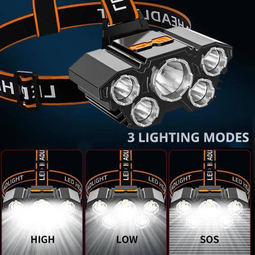USB Rechargeable Super Bright & Powerful LED Waterproof 5 LED Indoor / Outdoor Headlamp