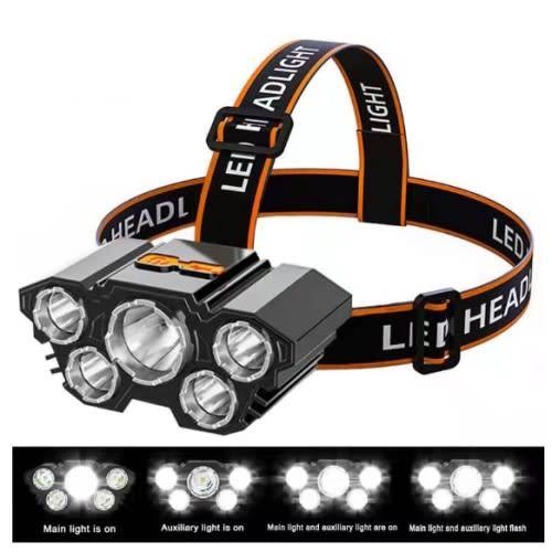 USB Rechargeable Super Bright & Powerful LED Waterproof 5 LED Indoor / Outdoor Headlamp