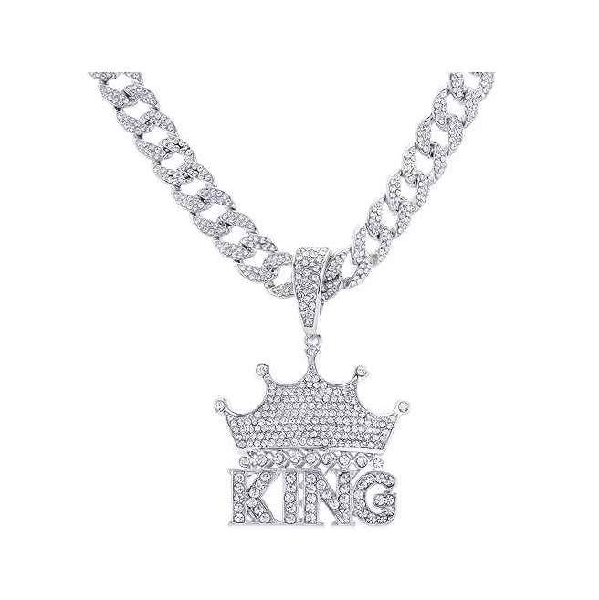 Mens Stunning Iced Out Stainless Steel KINGS CROWN Cuban Linked Pendant Neck Chain
